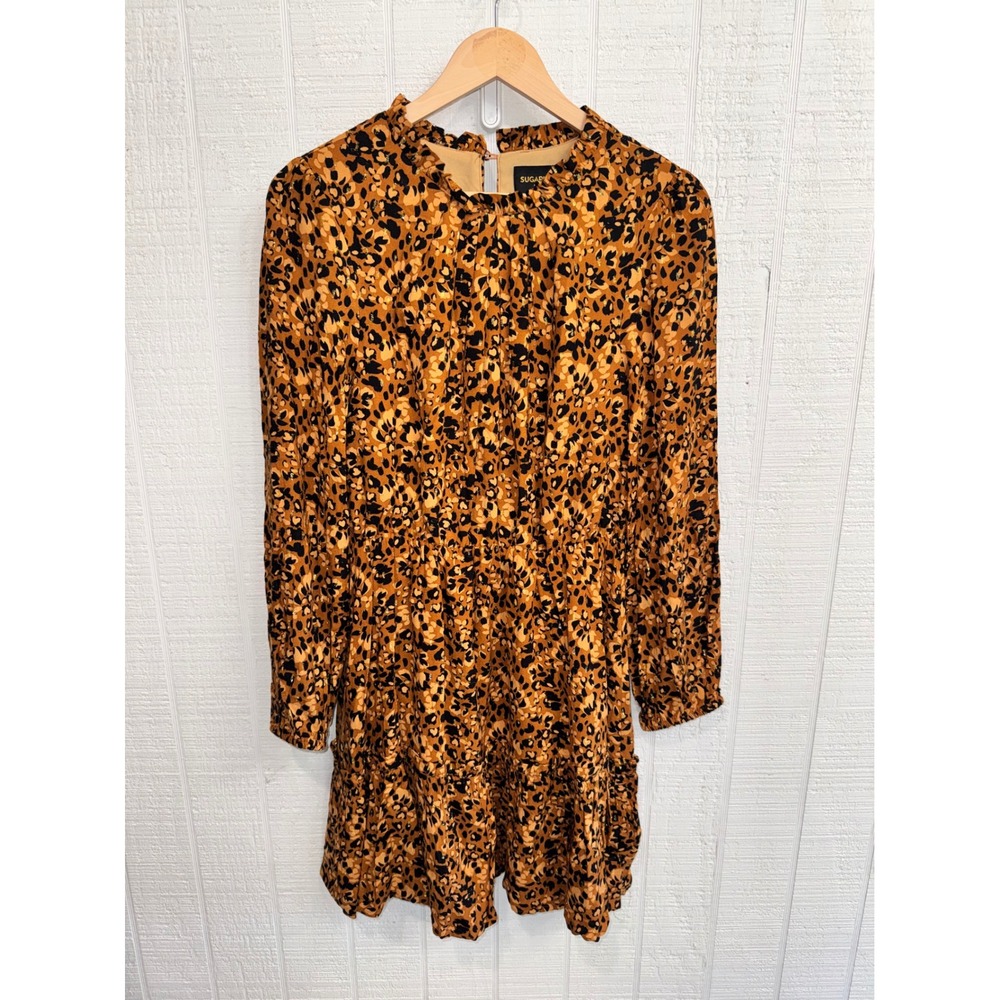 Sugarlips Mini Dress Women Tan Black Leopard Gold Lurex Tiered M